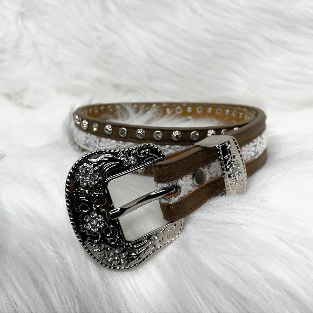 Brown Western Genuine Leather White Lace Detail Stud Belt Silver Hardware